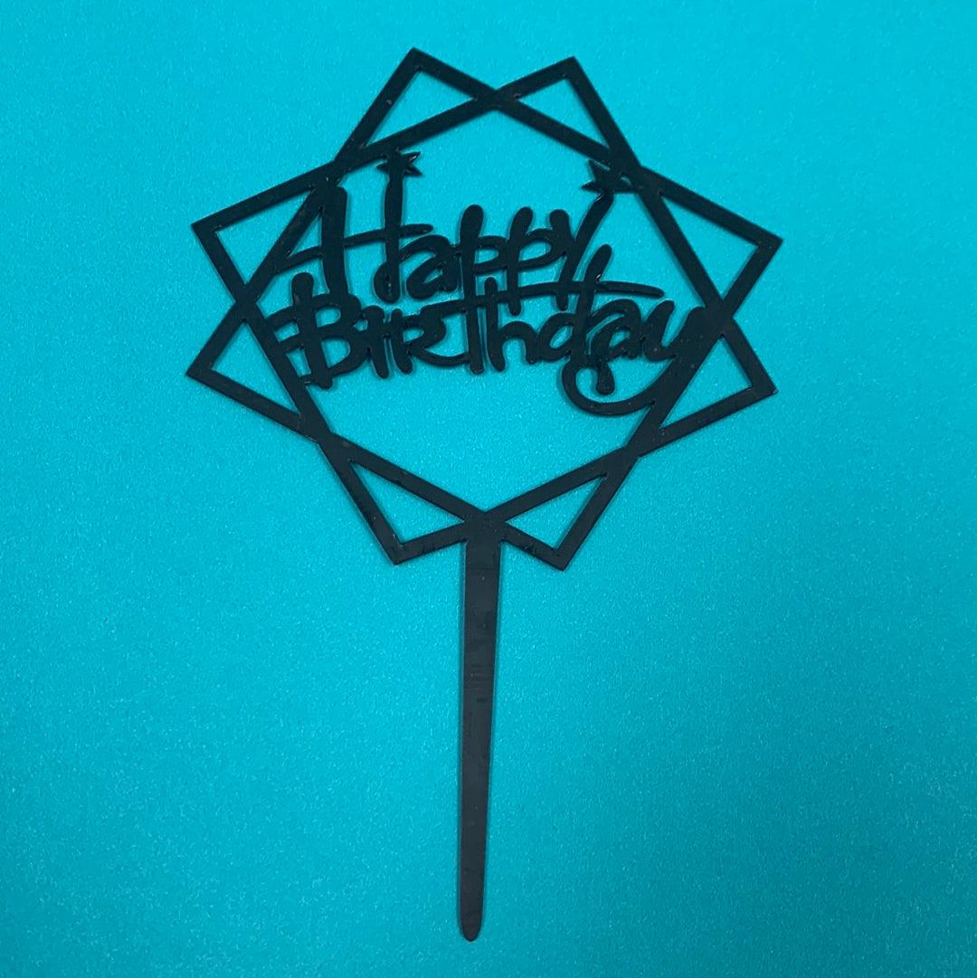 Acrylic Happy Birthday Abstract w/ Stars Cake Topper Black - Sweet Life Cake Supply