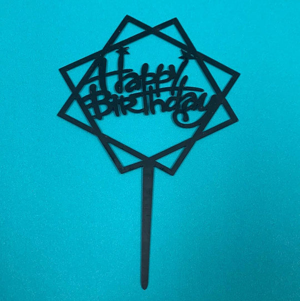 Acrylic Happy Birthday Abstract w/ Stars Cake Topper Black - Sweet Life Cake Supply