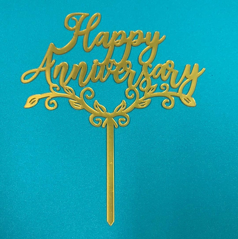 Acrylic Fancy Happy Anniversary Topper Gold