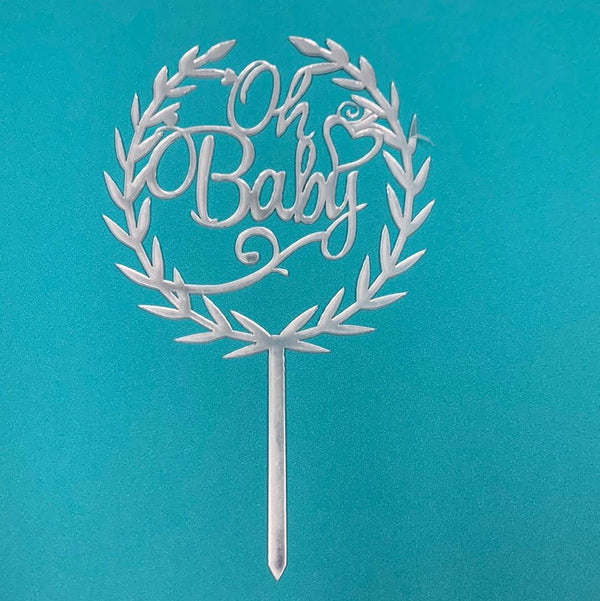 Acrylic Oh Baby Round Leaf Topper Silver - Sweet Life Cake Supply
