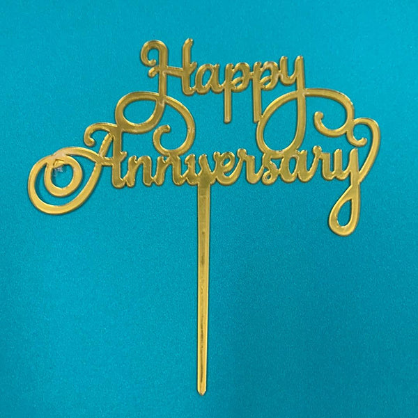 Acrylic Cursive Happy Anniversary Topper Gold - Sweet Life Cake Supply