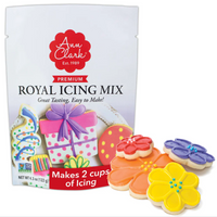 Packaging of Ann Clark royal icing mix with decorated cookies on a white background