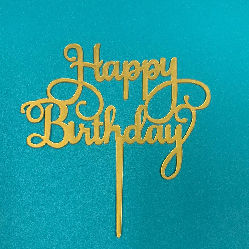 Acrylic Happy Birthday Cursive Cake Topper Gold