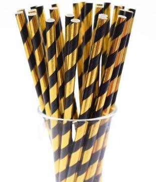 8" Paper Straws Black & Gold Foil 25 Pack - Sweet Life Cake Supply