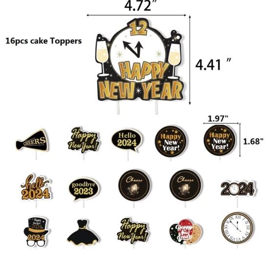 New Year's Black and Gold Cake Topper's 16pcs - Sweet Life Cake Supply