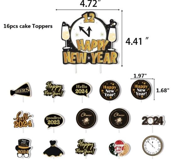 New Year's Black and Gold Cake Topper's 16pcs