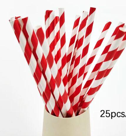 8" Paper Straws Red and White Stripe 25 Pack - Sweet Life Cake Supply