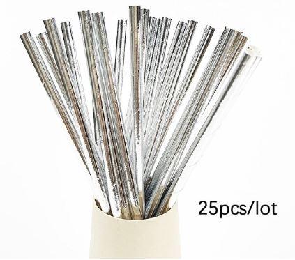 8" Paper Straws Silver Foil 25 Pack - Sweet Life Cake Supply