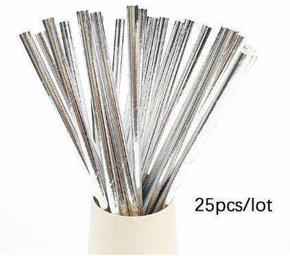 8" Paper Straws Silver Foil 25 Pack