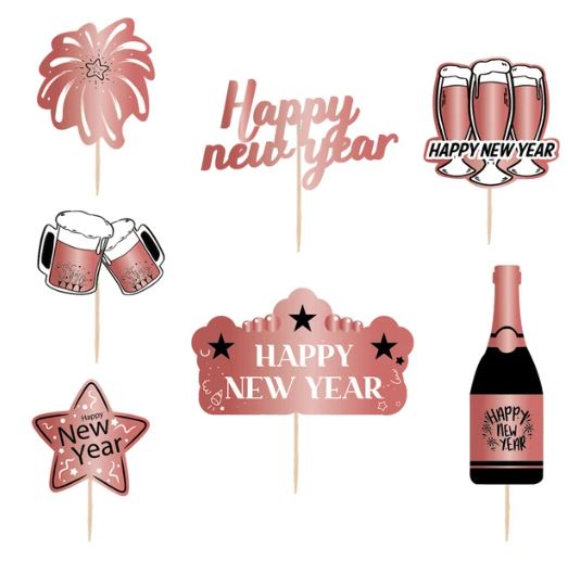 New Year's Rose Gold Cake Topper's 7pcs - Sweet Life Cake Supply