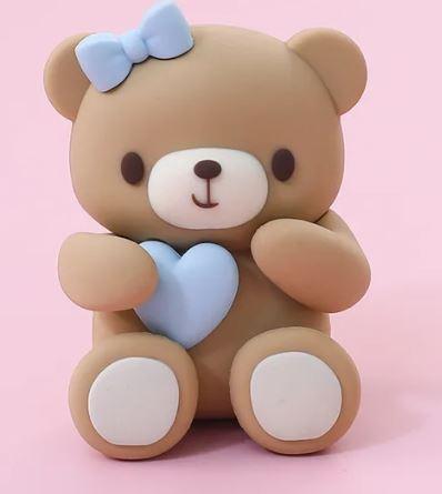 3D Sitting Teddy Bear with Heart Blue Cake Decoration - Sweet Life Cake Supply