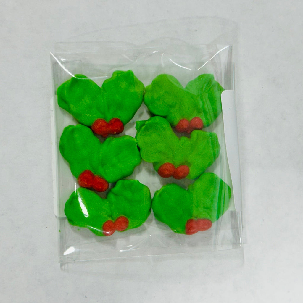 Royal Icing Tiny Double Holly Leaf W/ Berries 6pcs