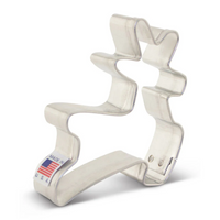 Metallic cookie cutter shaped like a reindeer with 'Made in USA' label on a white background