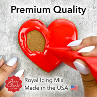 Red heart-shaped tool for royal icing mix with 'Ann Clark' branding and text about premium quality and USA manufacturing.