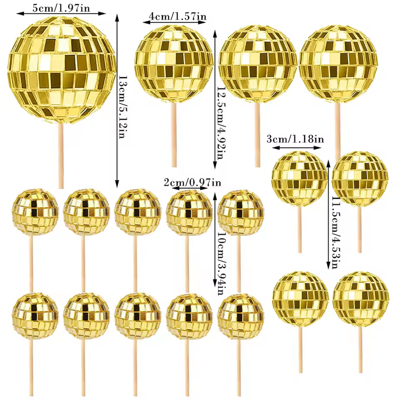 Gold Disco Ball Cake Topper 6pcs