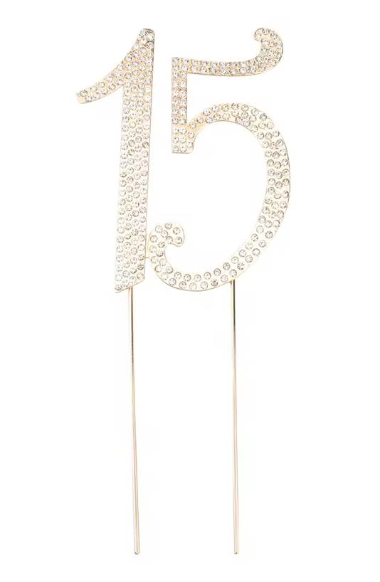Gold Number 15 Rhinestone Cake Topper