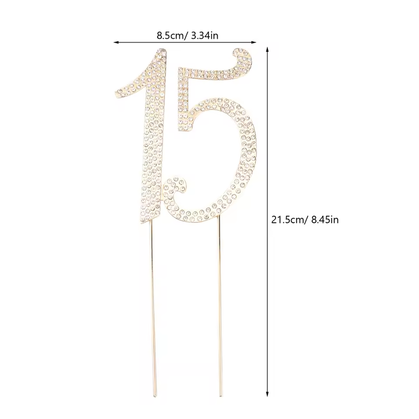 Gold Number 15 Rhinestone Cake Topper