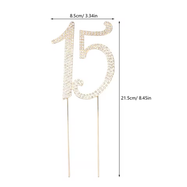 Gold Number 15 Rhinestone Cake Topper