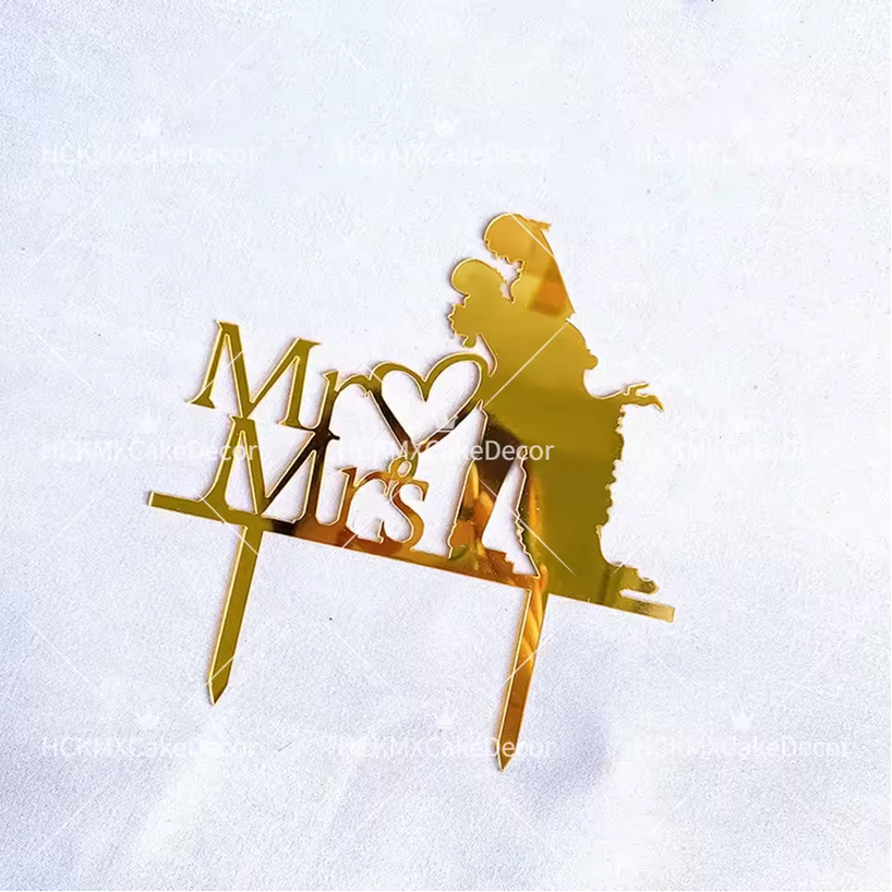 Mr. & Mrs. with Bride & Groom Gold Acrylic Topper