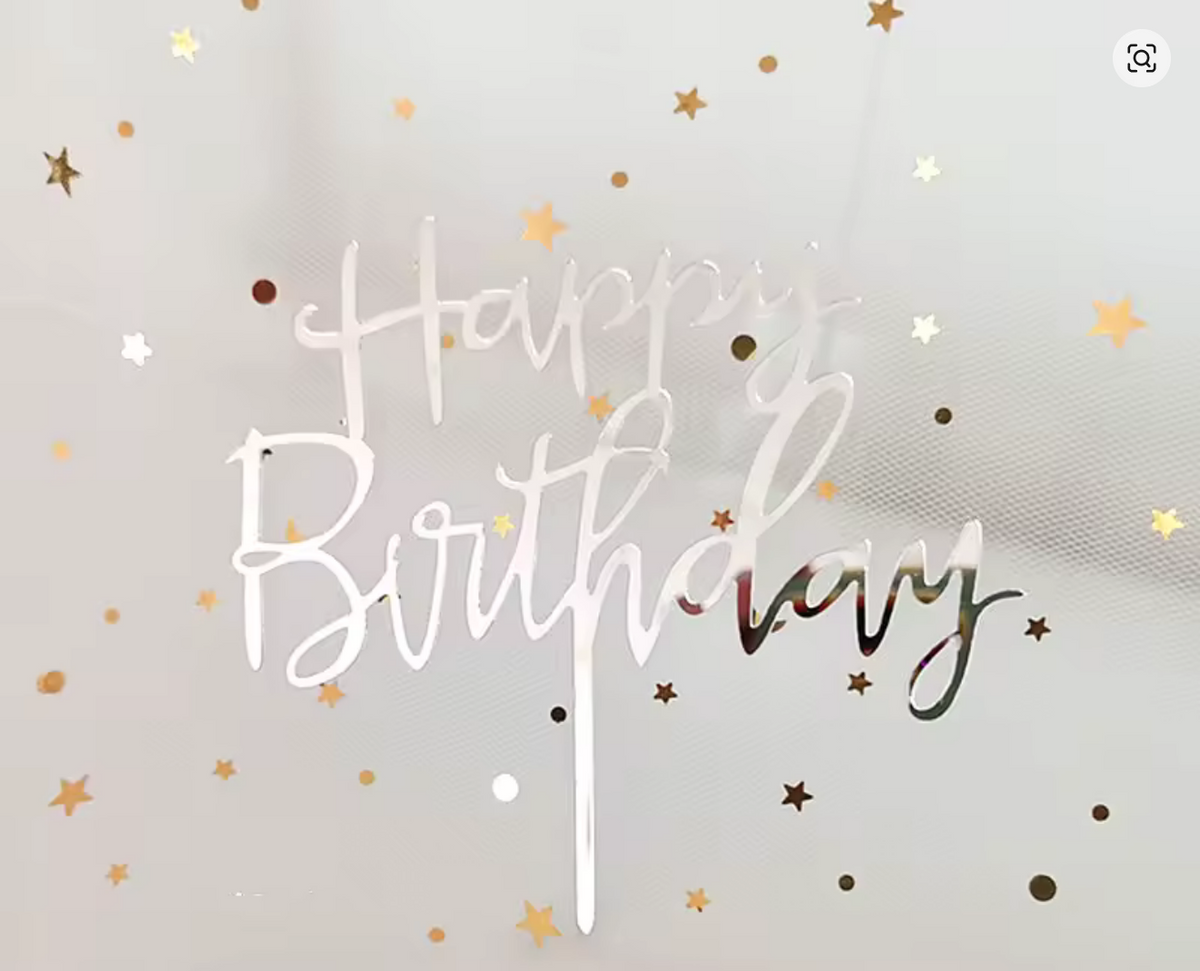 Acrylic Silver Happy Birthday Script Cake Topper