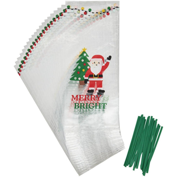 Wilton Clear “Merry & Bright" Santa Claus Christmas Treat Bags and Ties, 20-Count - Sweet Life Cake Supply