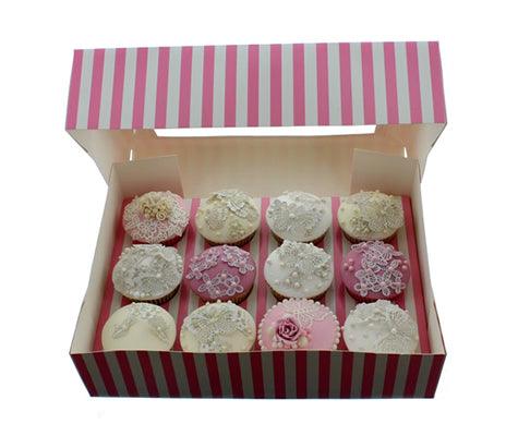 PINK & WHITE STRIPE CUPCAKE BOX WITH PVC WINDOW (HOLDS 12 CUPCAKES) - Sweet Life Cake Supply