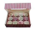 PINK & WHITE STRIPE CUPCAKE BOX WITH PVC WINDOW (HOLDS 12 CUPCAKES)