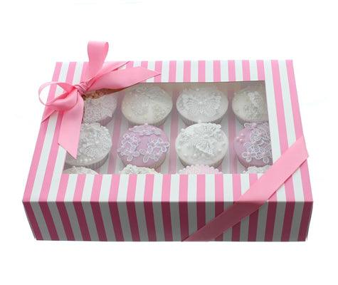 PINK & WHITE STRIPE CUPCAKE BOX WITH PVC WINDOW (HOLDS 12 CUPCAKES) - Sweet Life Cake Supply