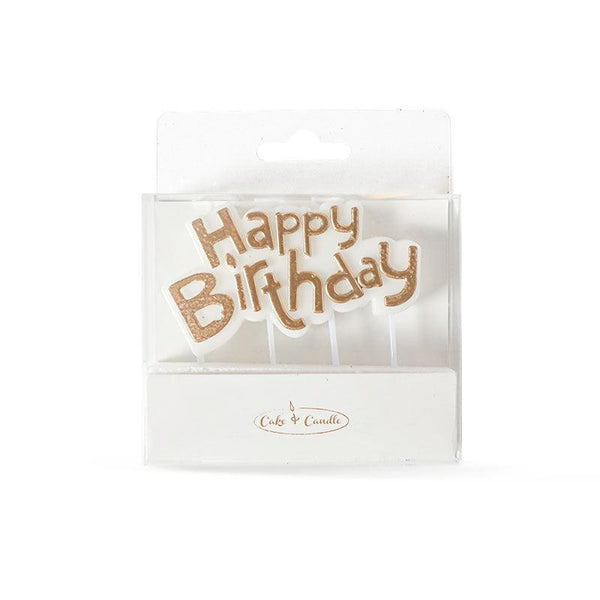 Happy Birthday White/Gold Candle - Sweet Life Cake Supply