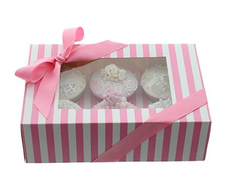 PINK & WHITE STRIPE CUPCAKE BOX WITH PVC WINDOW (HOLDS 6 CUPCAKES)